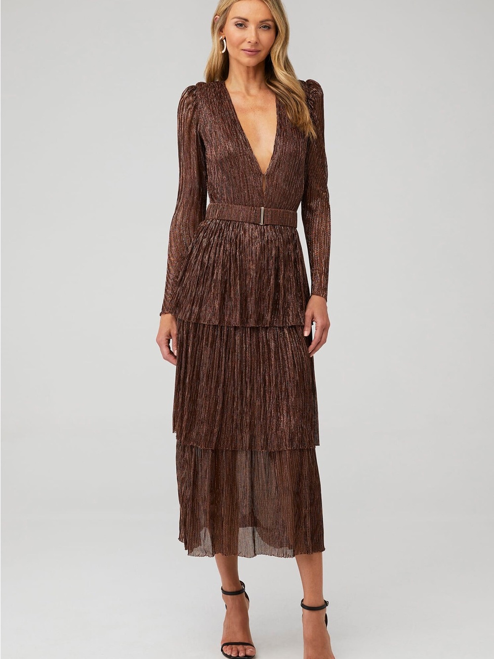✨ Sabina Musayev Carry Metallic Pleated Tiered Maxi Dress Bronze Size Medium